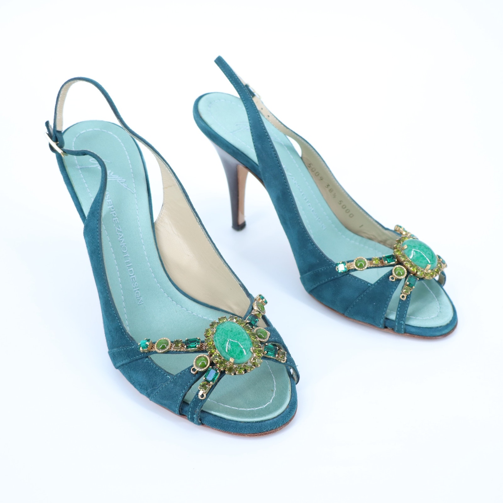 Giuseppe Zanotti Swarovski Gemmed Slingback Heel Teal Suede Women's 38.5/Us 8.5